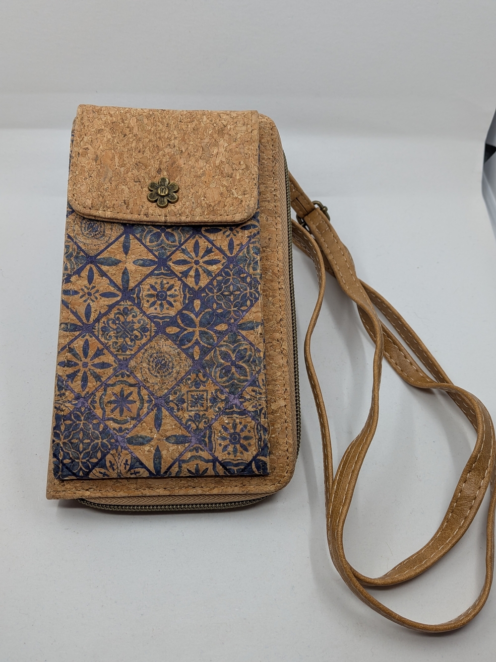 Portuguese Cork Crossbody Phone Bag Wallet Boho Blue Tile Print